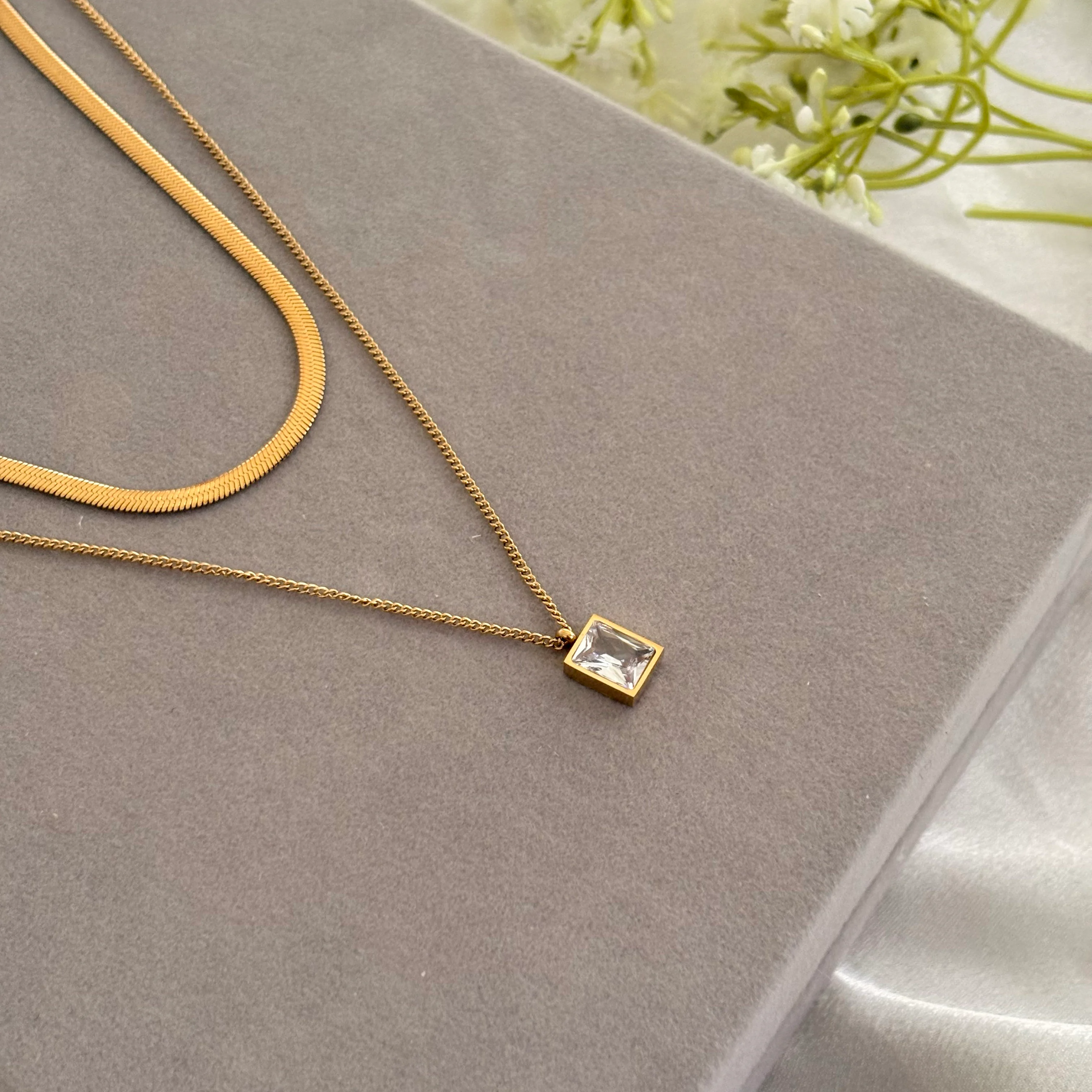 White emerald geometrical shaped stone and snake chain necklace 1