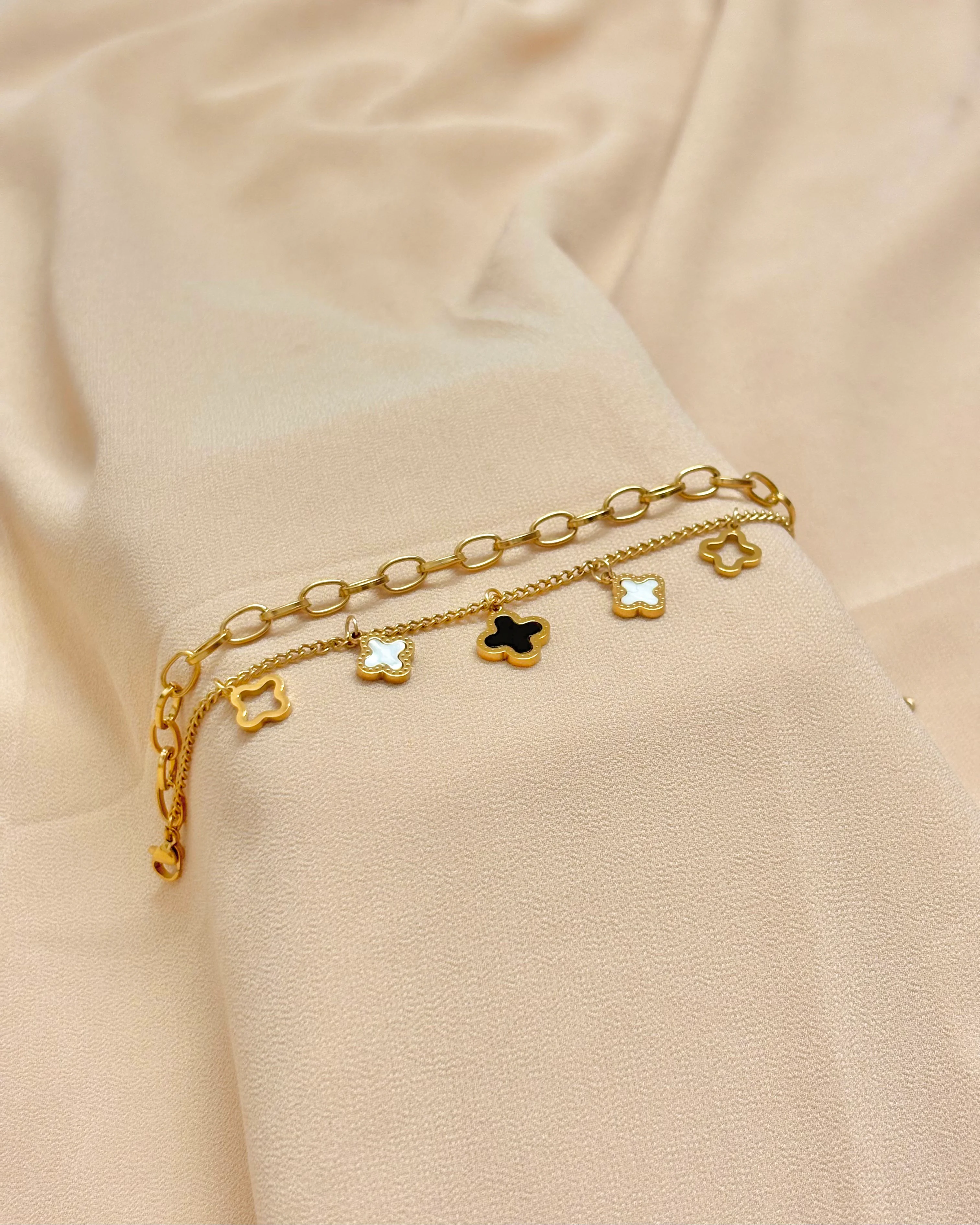 Black & white clover charms double layer bracelet