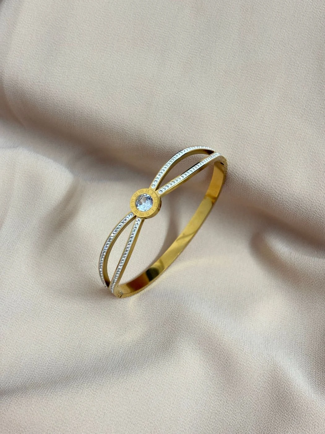 Cross design with roman letter engraved AD studded bangle bracelet 2