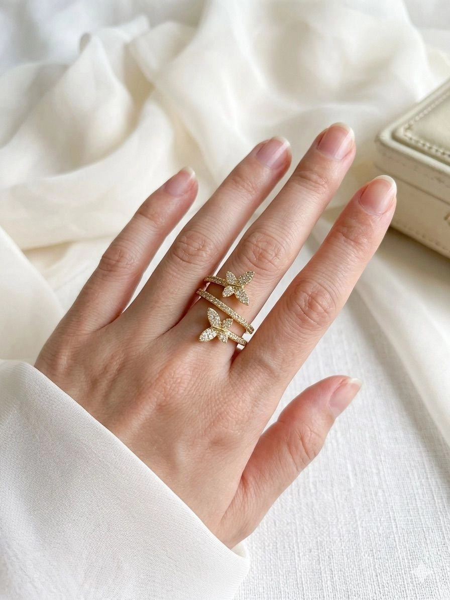 Stone studded butterflies three layer ring