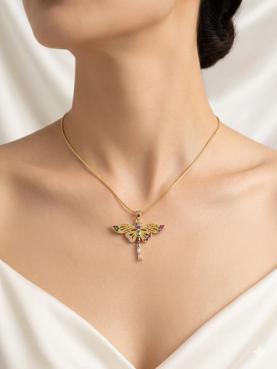 Multicolour stoned dragonfly pendant necklace 1
