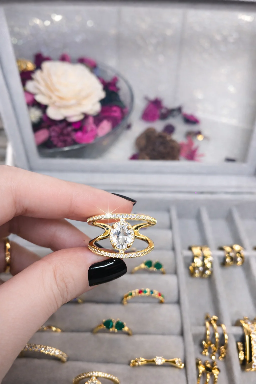 316L Stainless Steel (Premium Anti-Tarnish) Double Open Band Adjustable AD Stone Ring