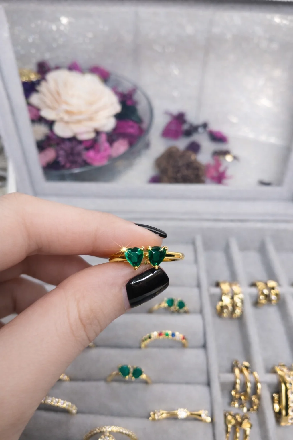 316L Stainless Steel (Premium Anti-Tarnish) Twin Heart Emerald Green Adjustable AD Stone Ring