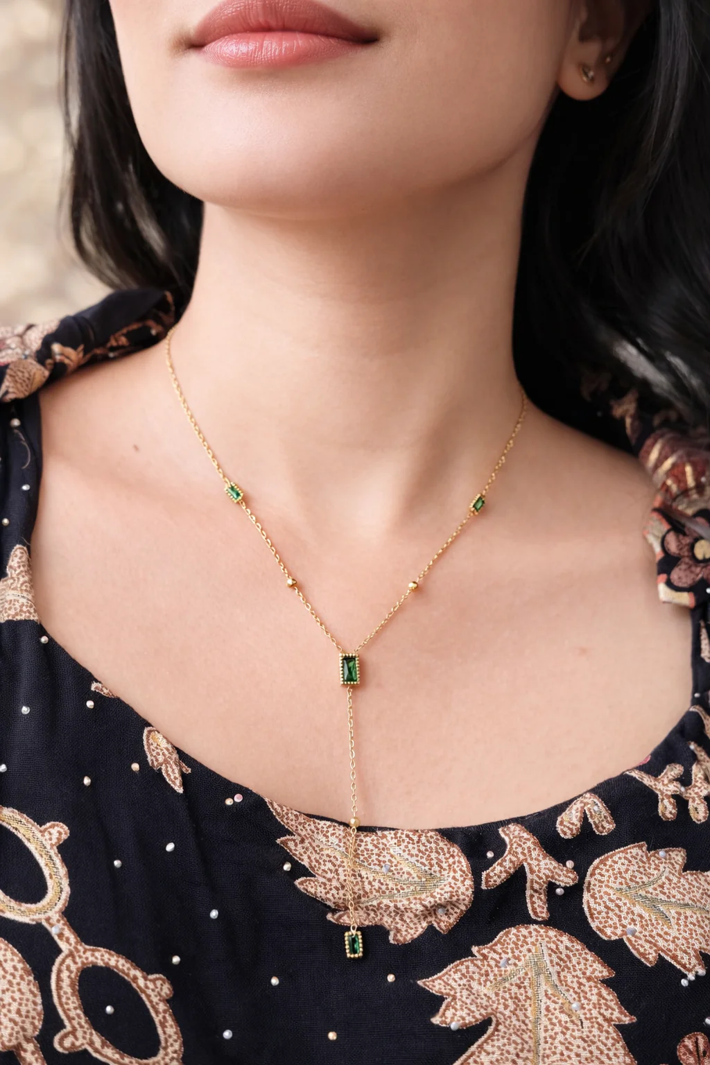 316L Anti Tarnish Emerald Y-Drop Necklace