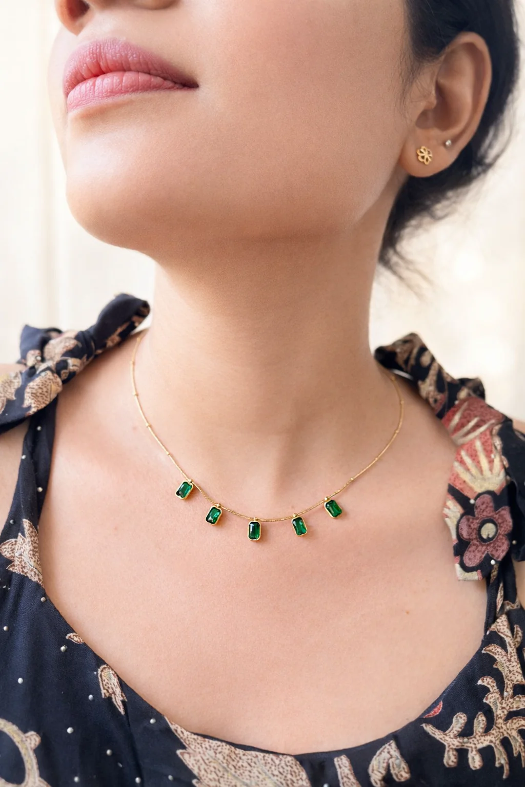 316L Anti Tarnish Emerald Necklace Set (with ear stud)