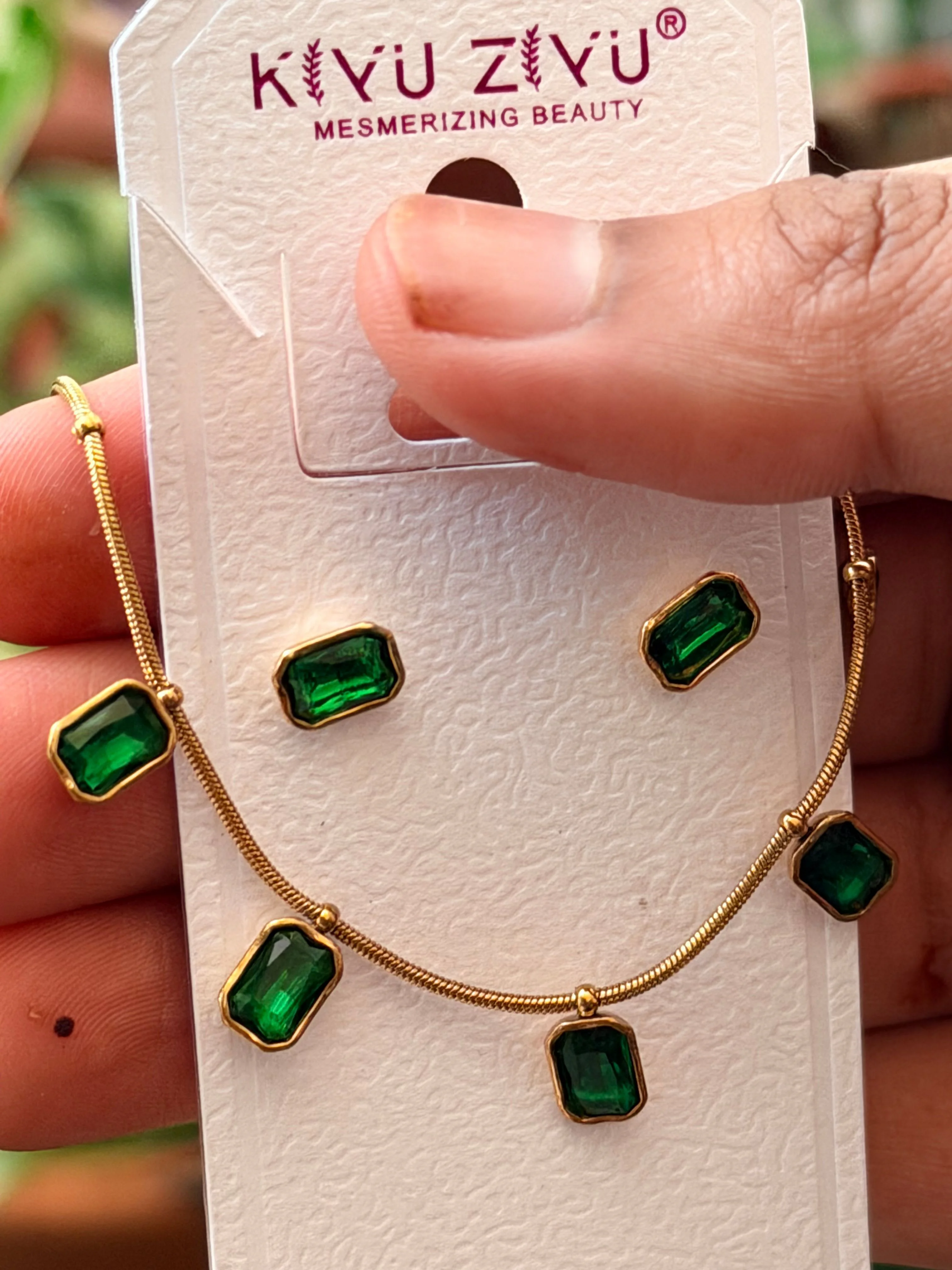 316L Anti Tarnish Emerald Necklace Set (with ear stud)