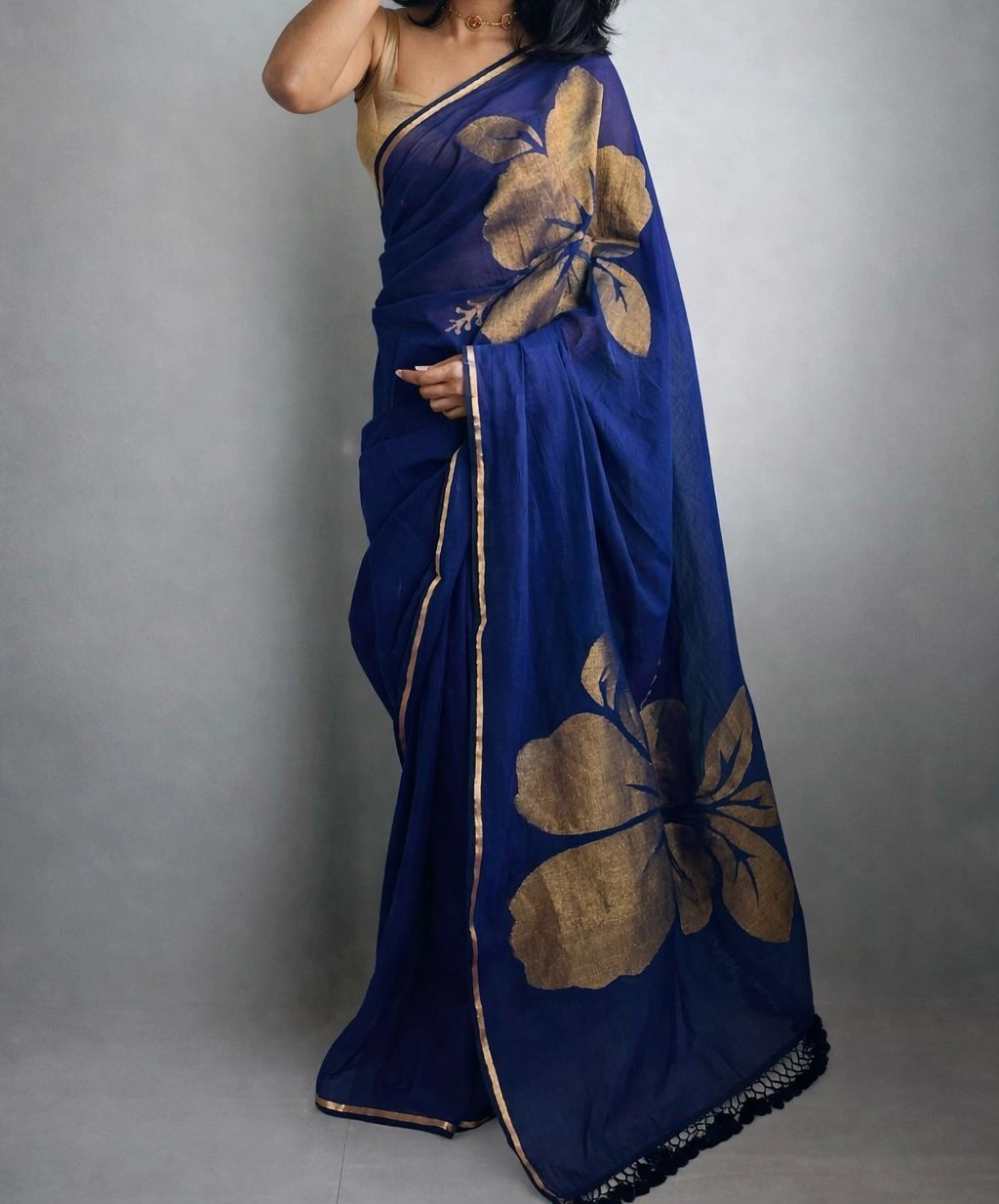 Gold Printed 120s Count Mul Cotton Saree Navi Blue 2