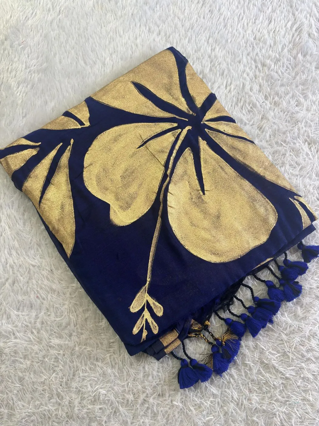 Gold Printed 120s Count Mul Cotton Saree Navi Blue