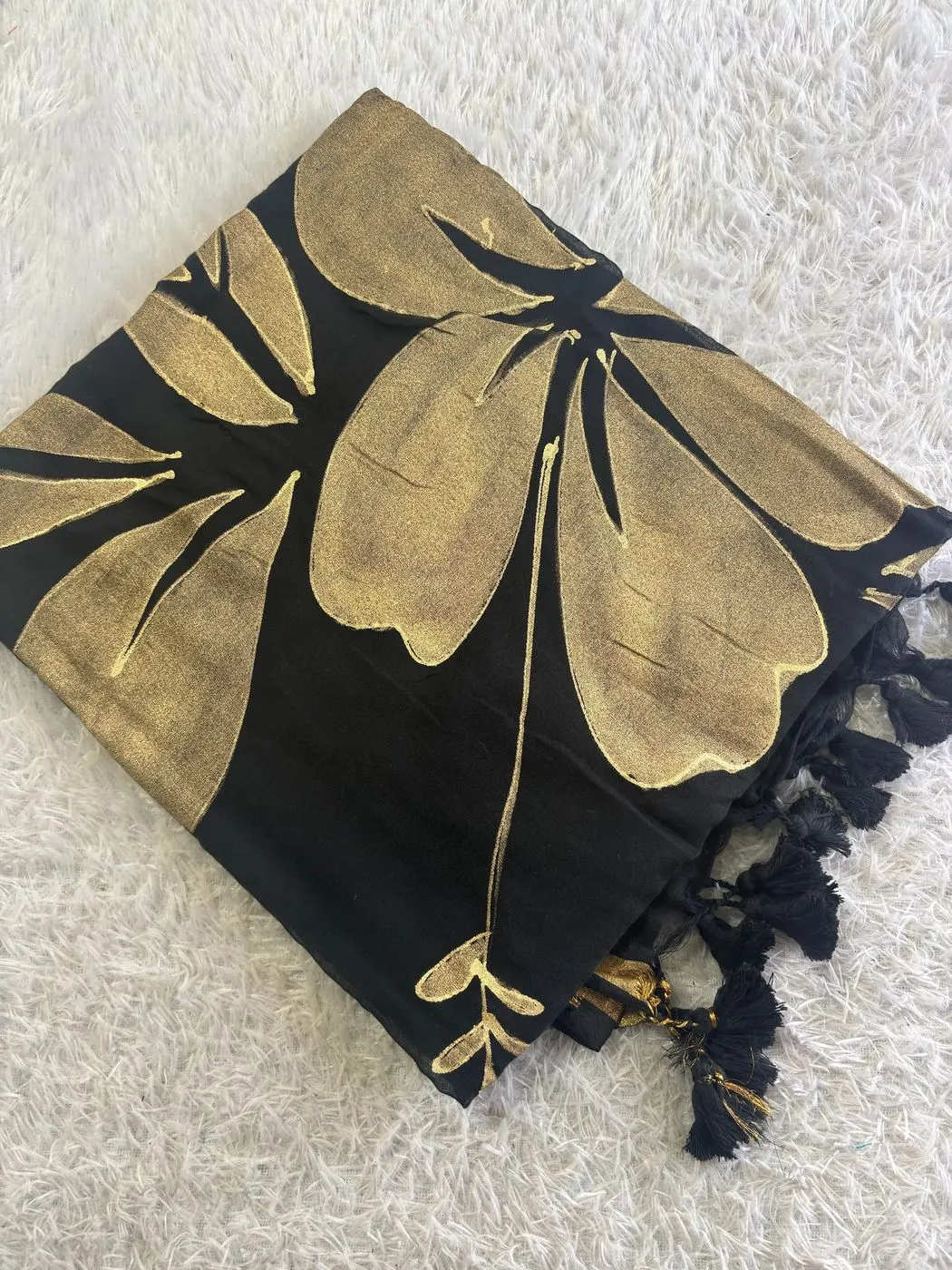 Gold Printed 120s Count Mul Cotton Saree Black