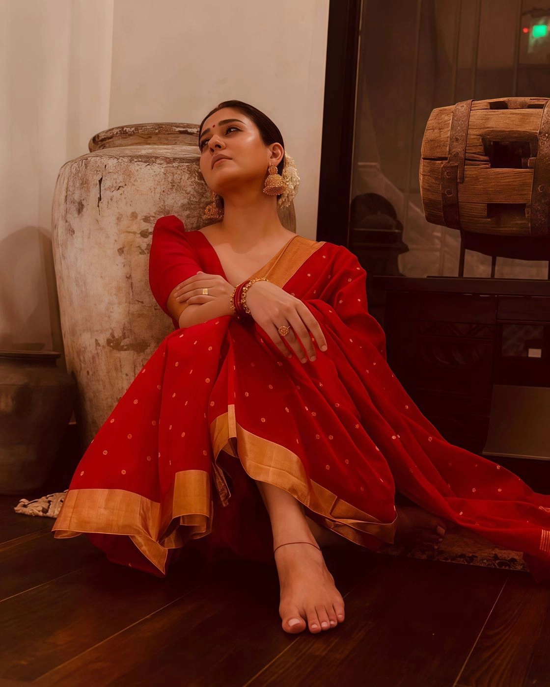 Nayanthara Inspired Red Polka Saree