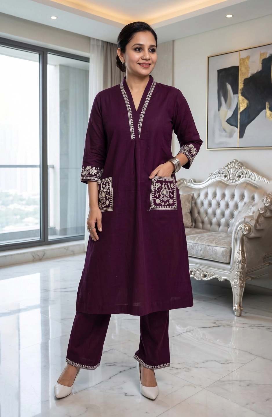 KHADI Front pocket with Elegant Embroidered Grape Wine Kurta Co-ord Set
