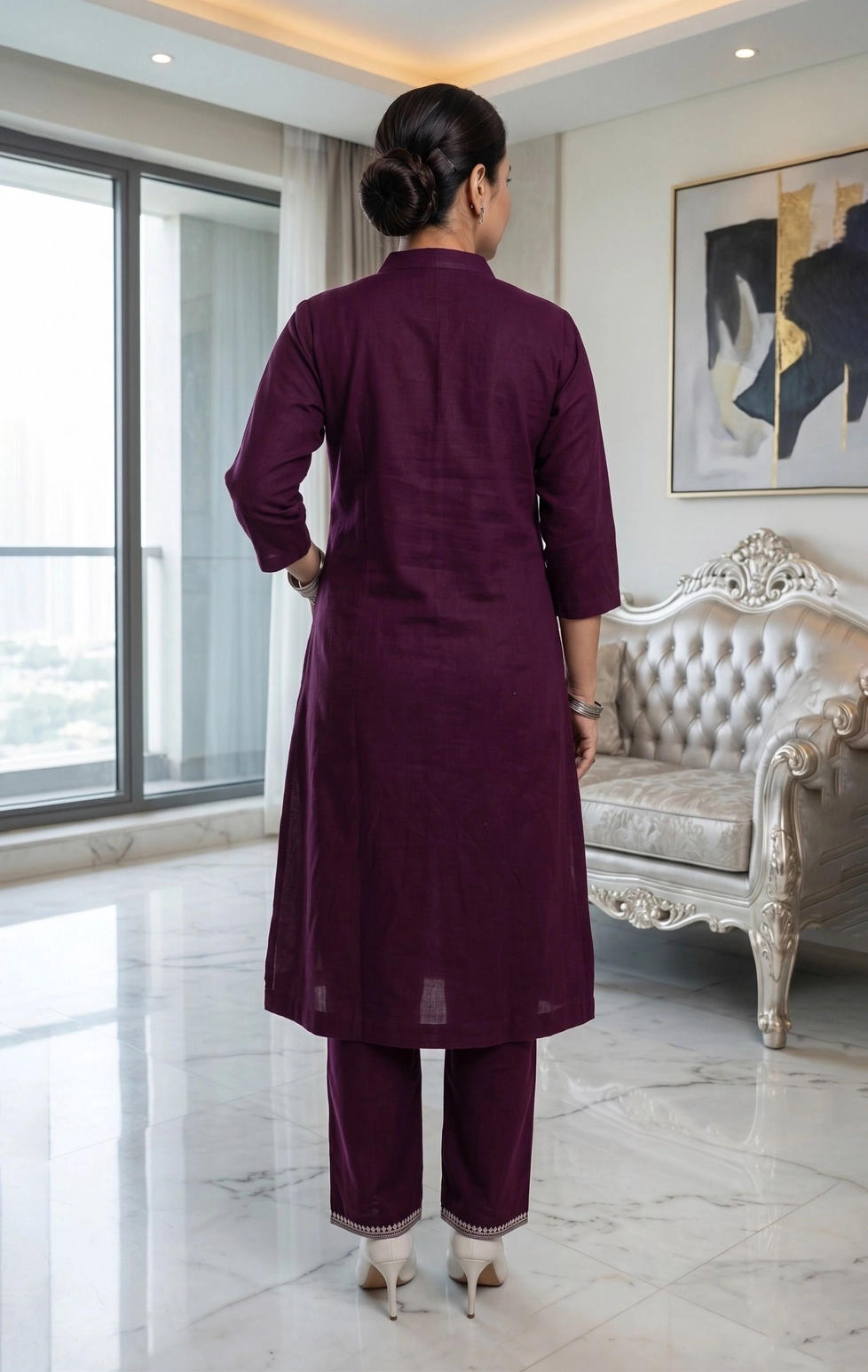 KHADI Front pocket with Elegant Embroidered Grape Wine Kurta Co-ord Set