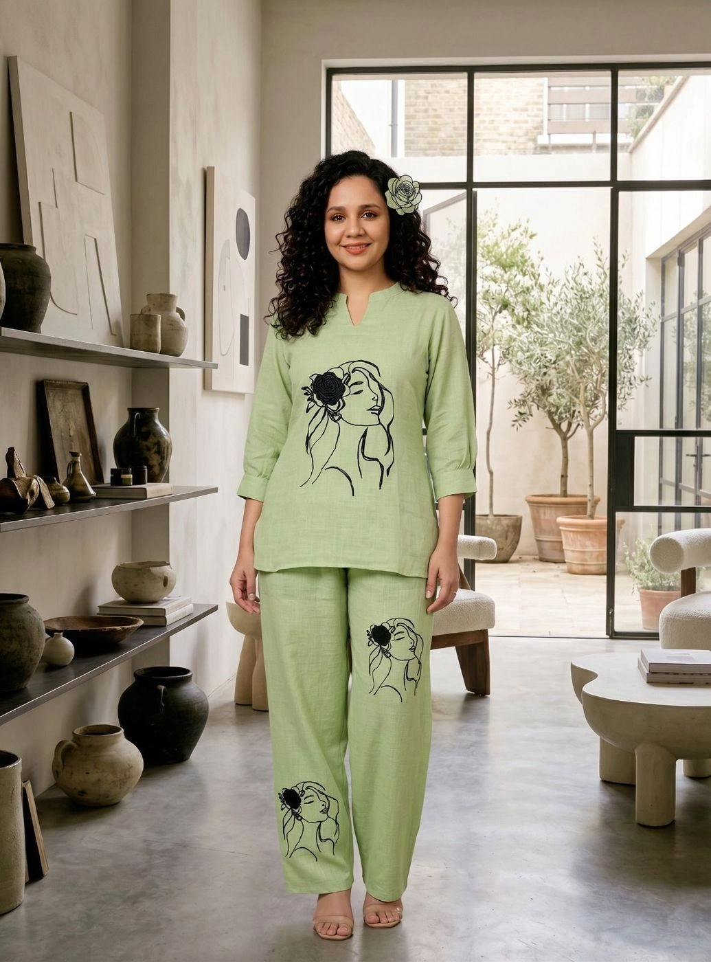 Chori Co-Ord Set | Effortless and contemporary Artisanal Embroidery | Avocado green Color