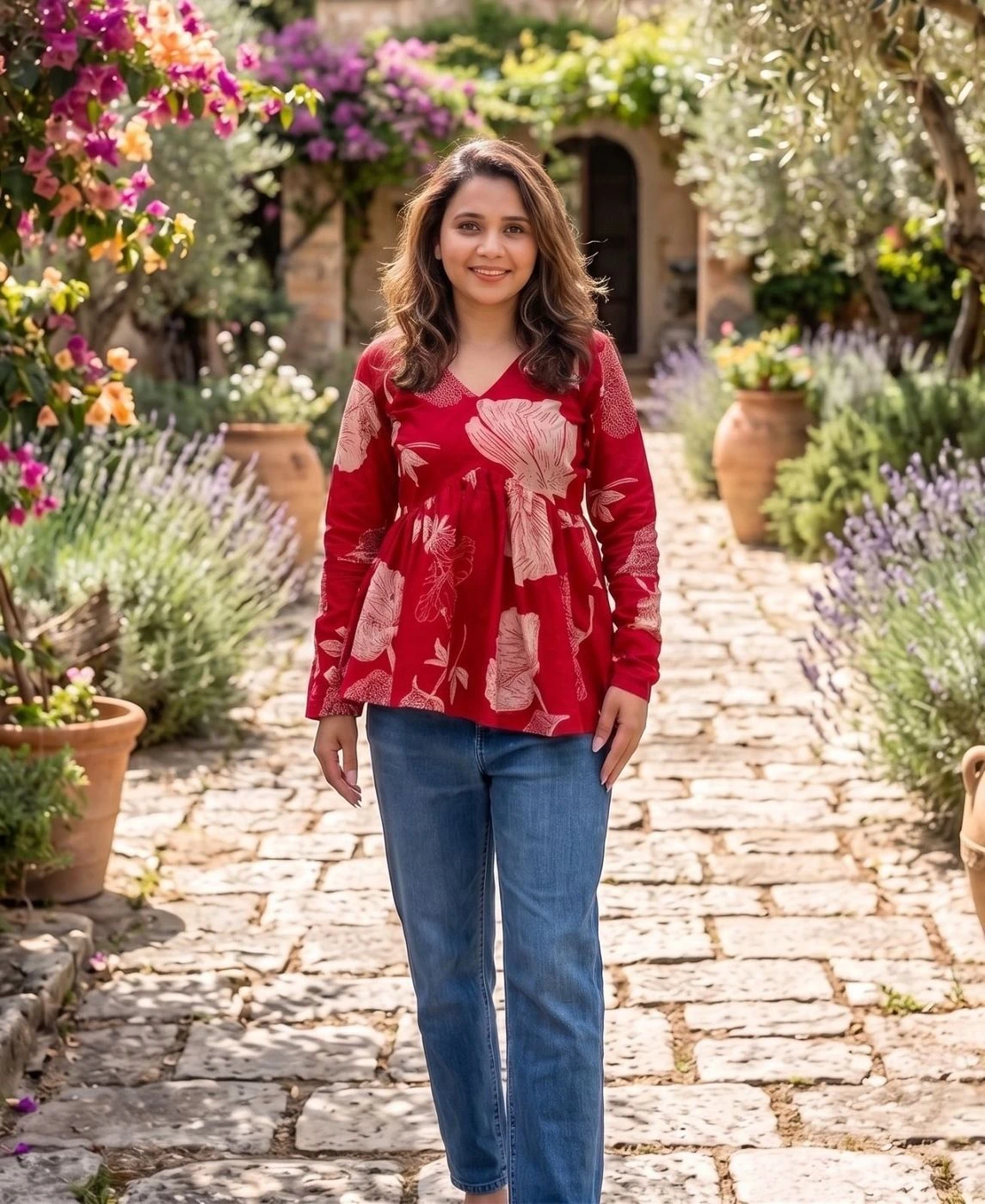 The Crimson Bloom Cotton Peplum Top