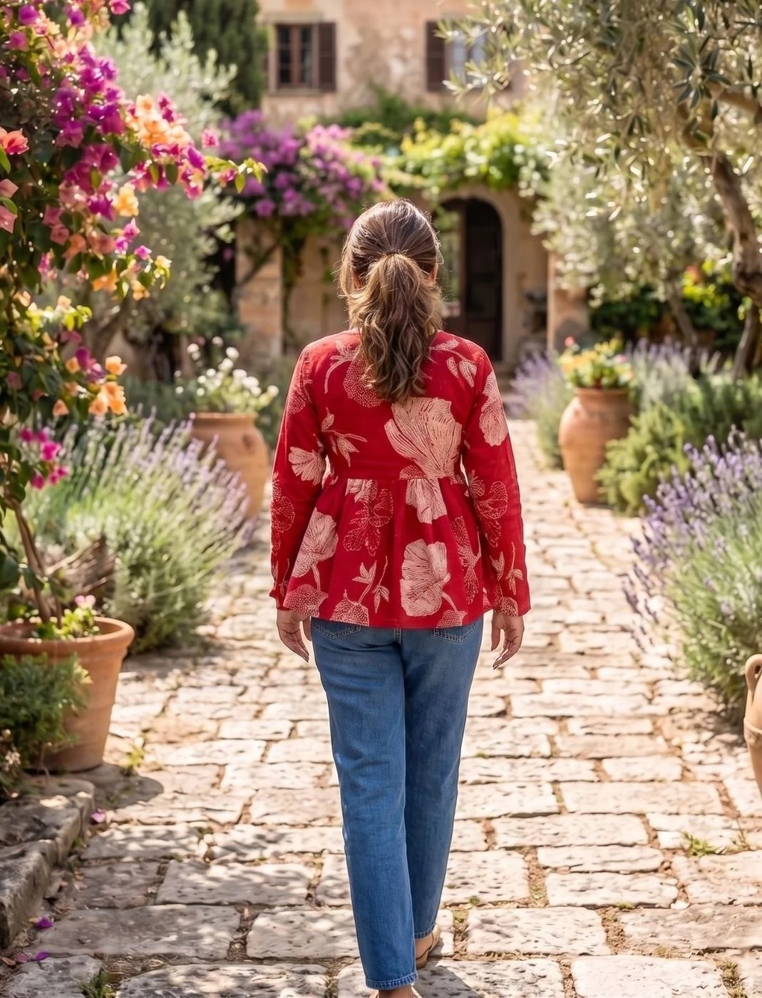 The Crimson Bloom Cotton Peplum Top