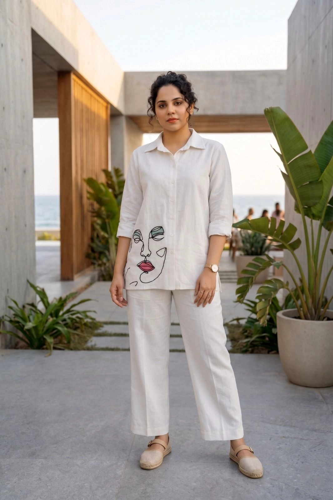 Avant-Garde Face Embroidery Line-Art premium Double Cotton Co-Ord Set