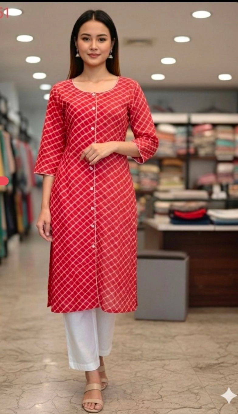 Poly rayon red kurta with round neck and bottom