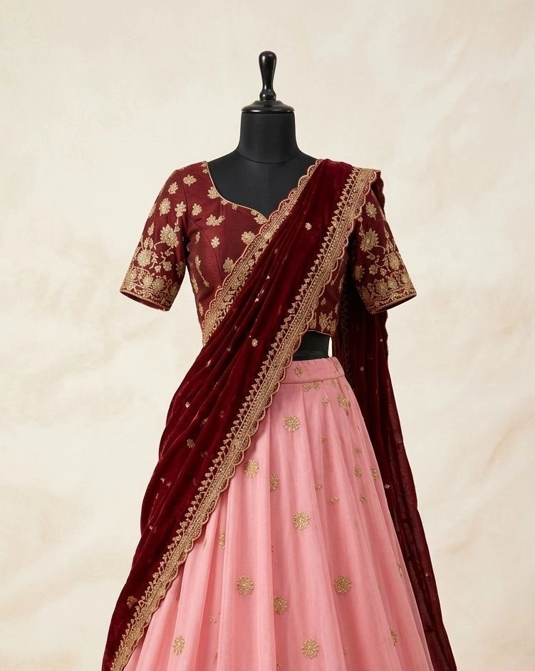 Embroidered Maroon & Blush Pink Half Saree