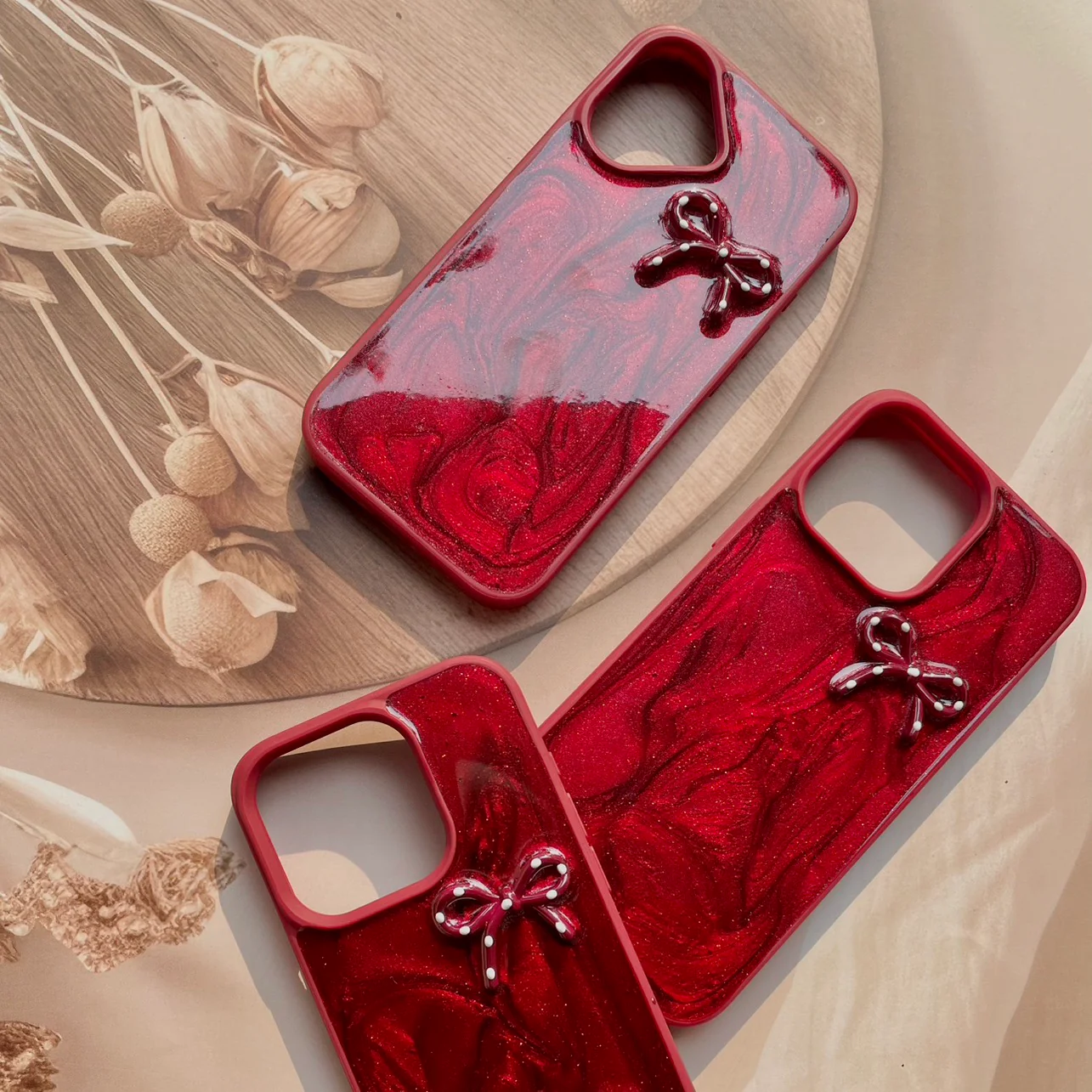 Red Ruby Bow iPhone Case – Glossy Protective Cover with 3D Bow Design