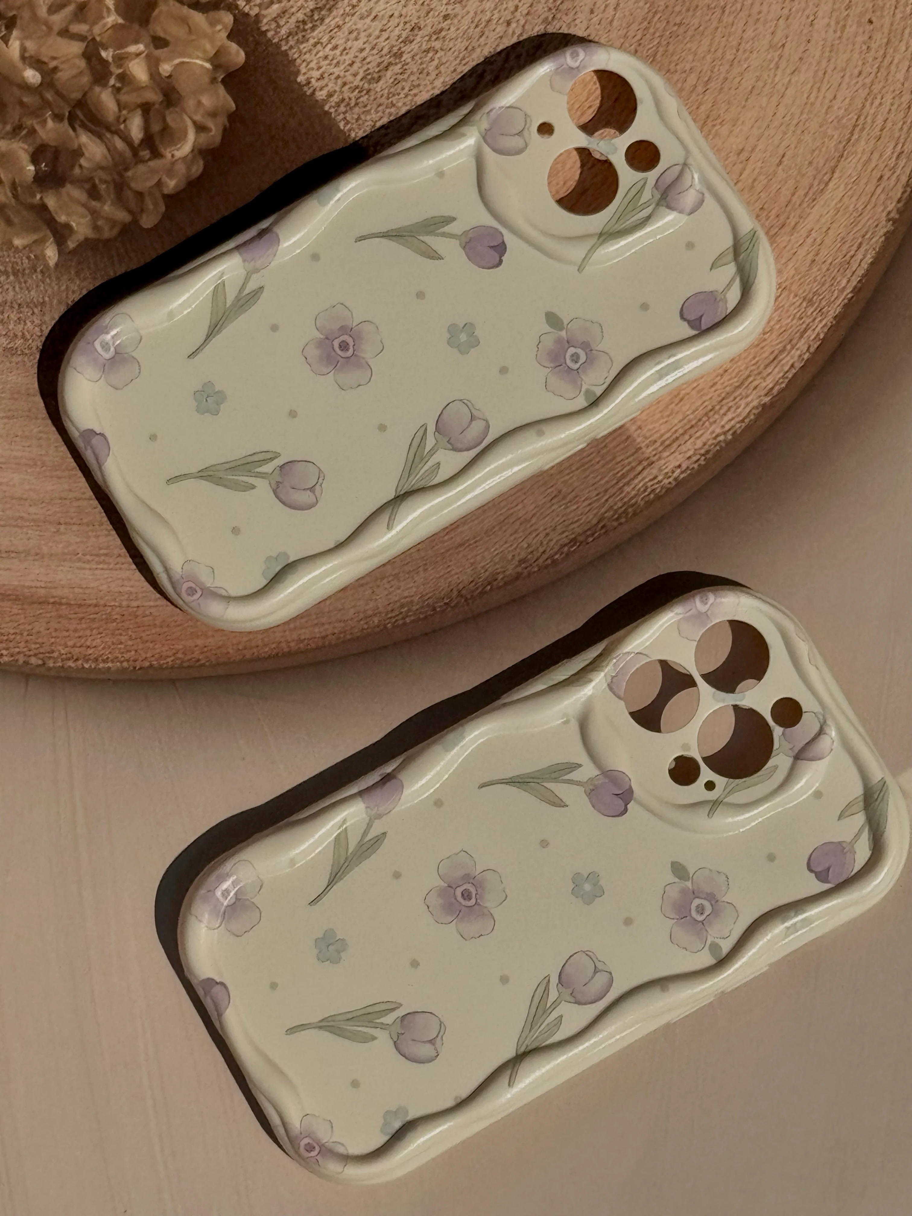 Vintage Creative Purple Floral 🪻 Pattern Cream Texture Case🤍✨