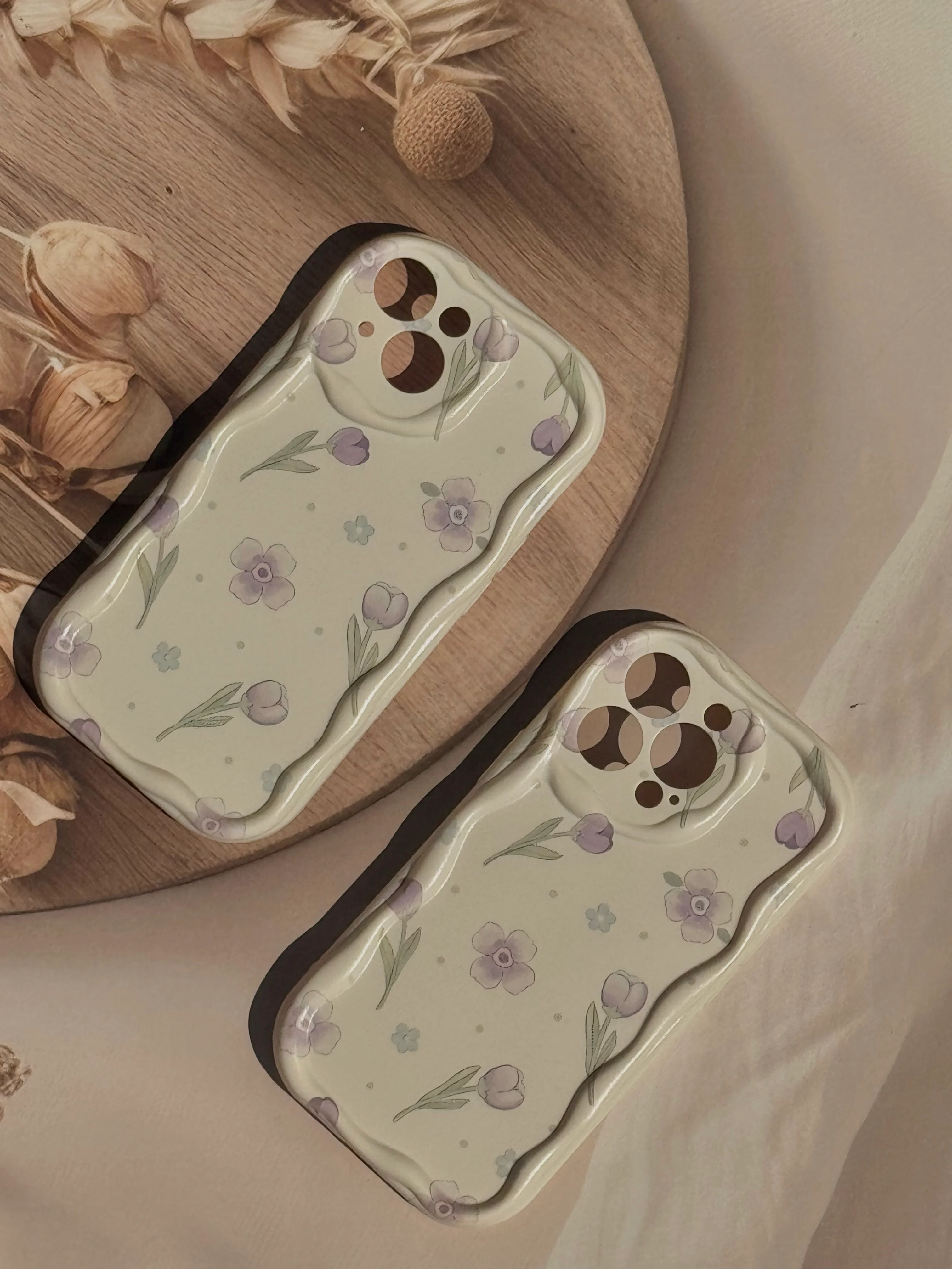 Vintage Creative Purple Floral 🪻 Pattern Cream Texture Case🤍✨ 3