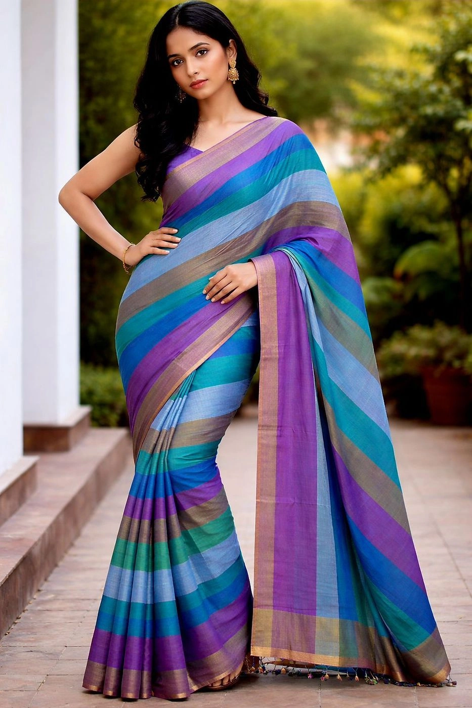Mulcotton multi colour Striped Saree