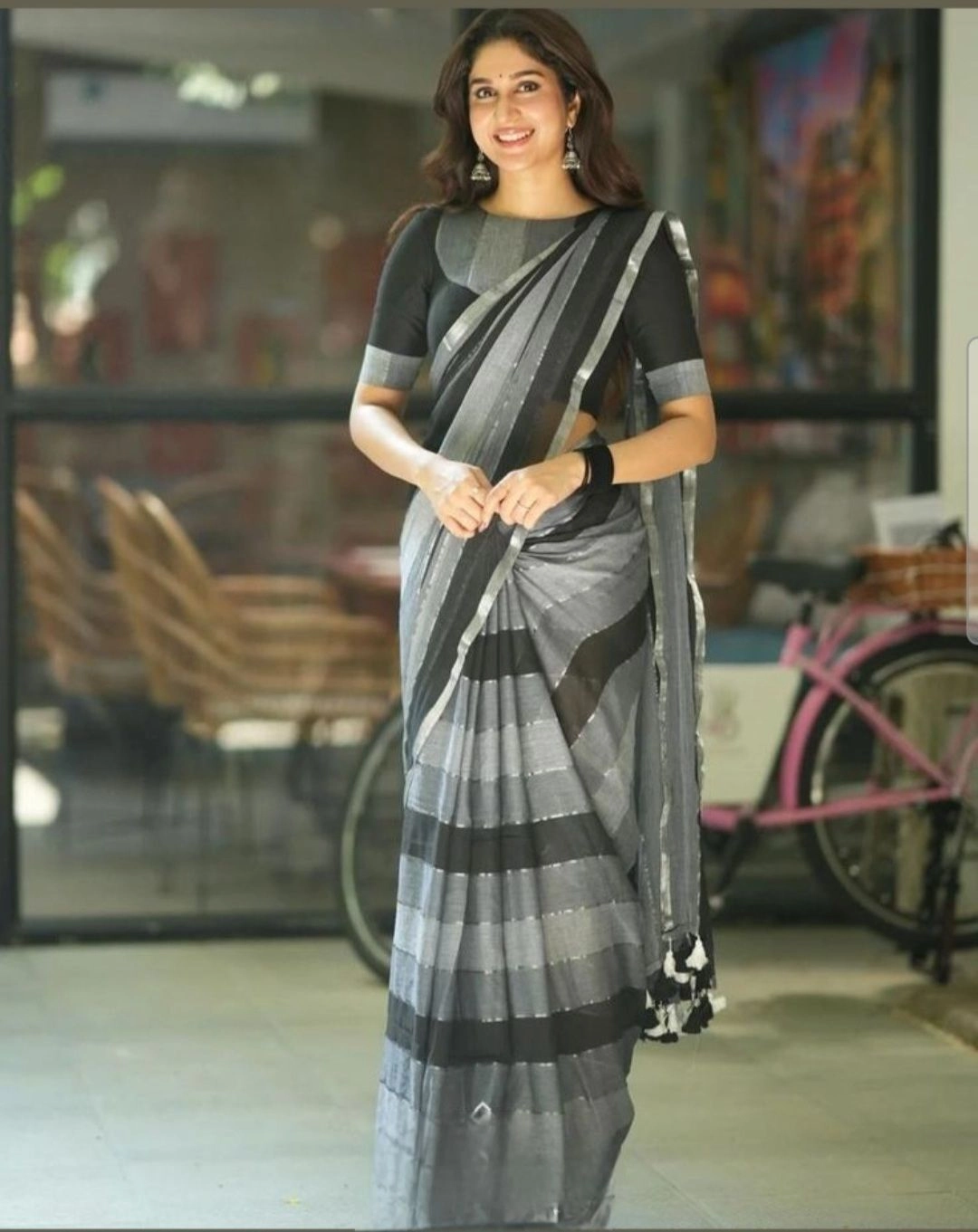 Classic Grey-Black Striped Mulcotton Saree