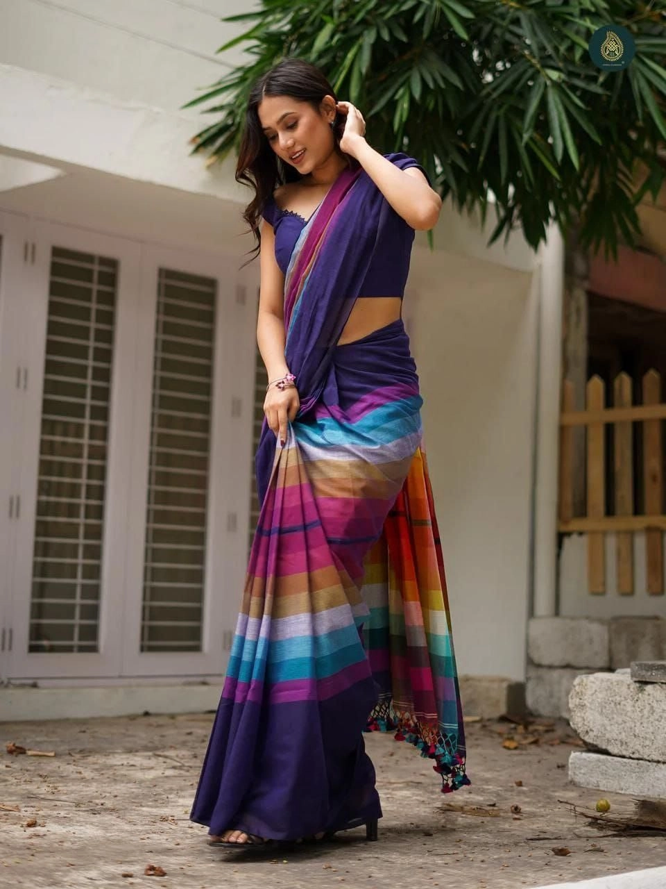 Multi Striped Rainbow Mulcotton saree