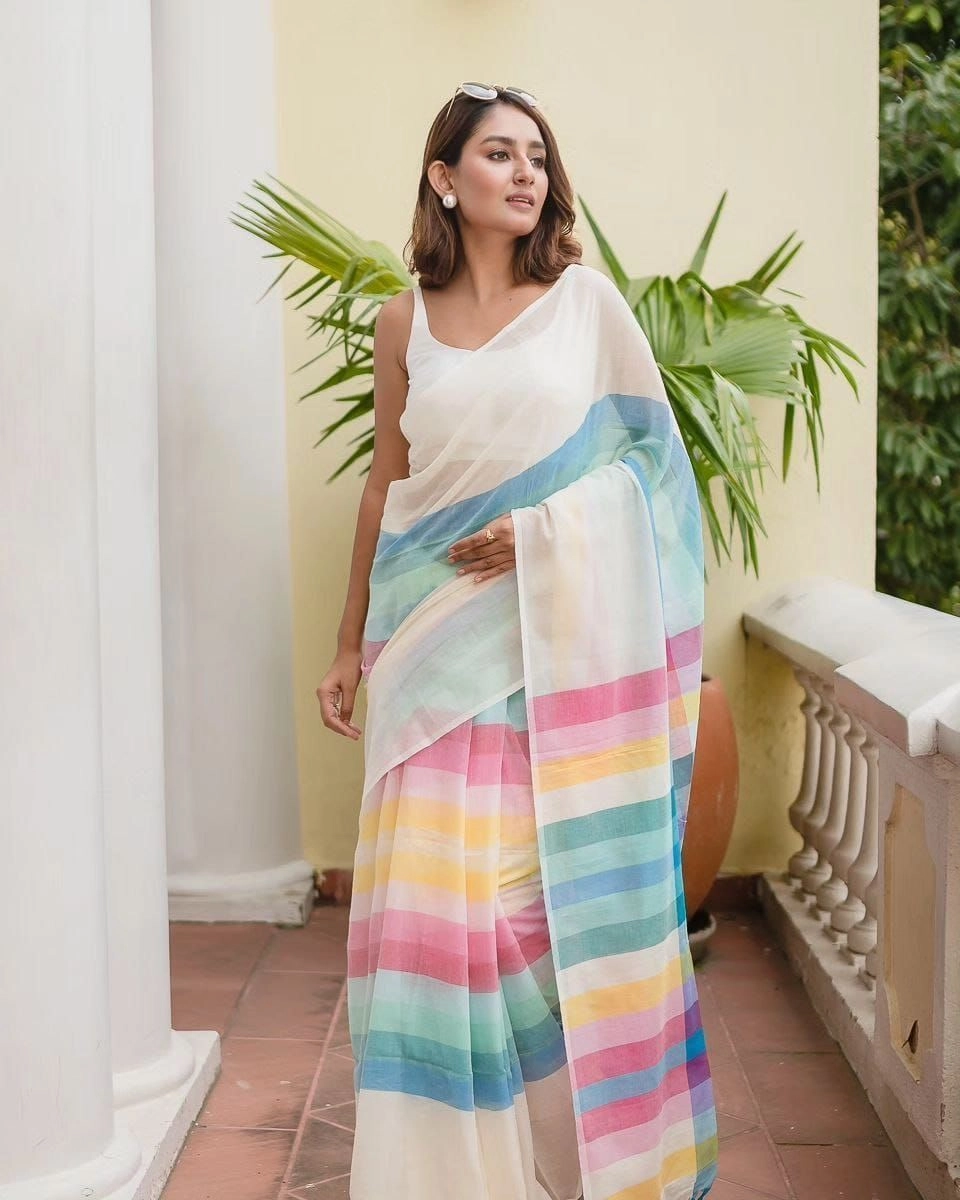 Rainbow pastel Mulcotton Saree
