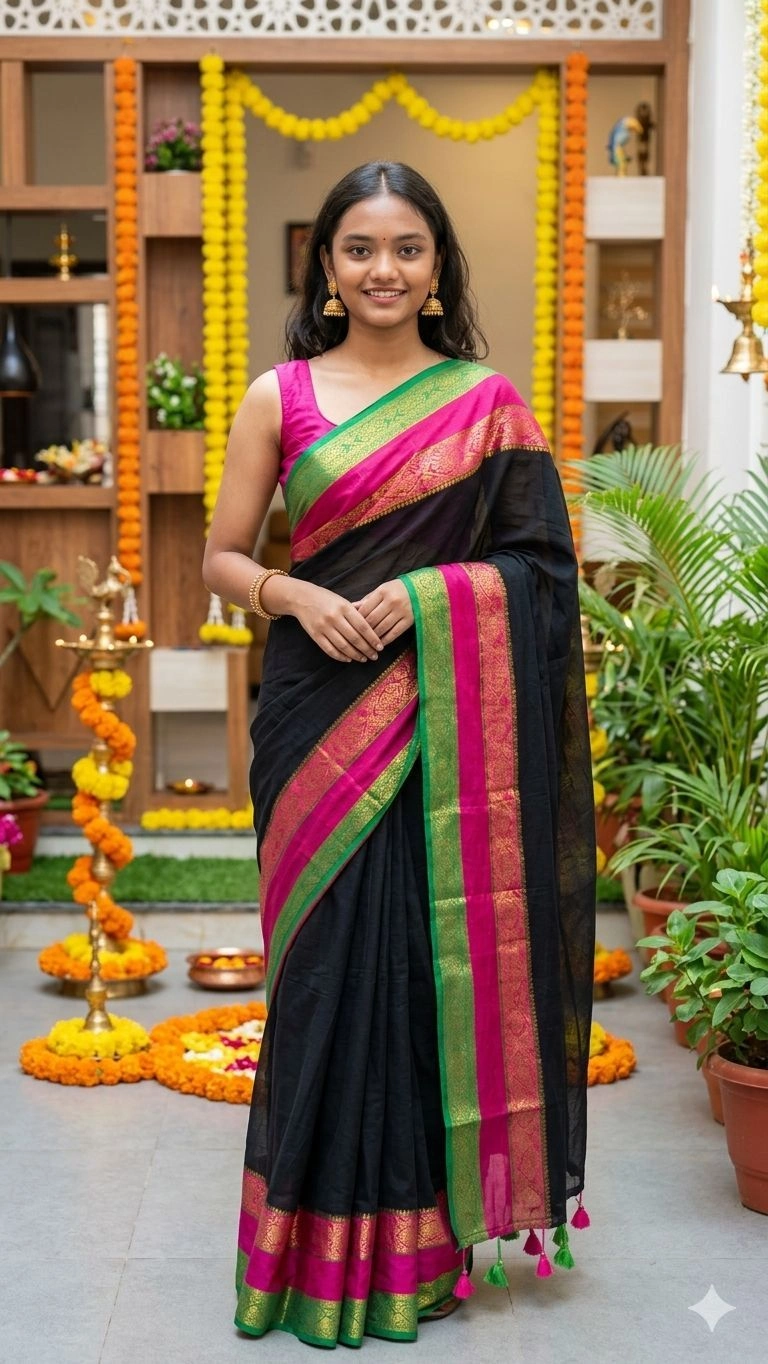 Mid Night Bloom Mulcotton Saree
