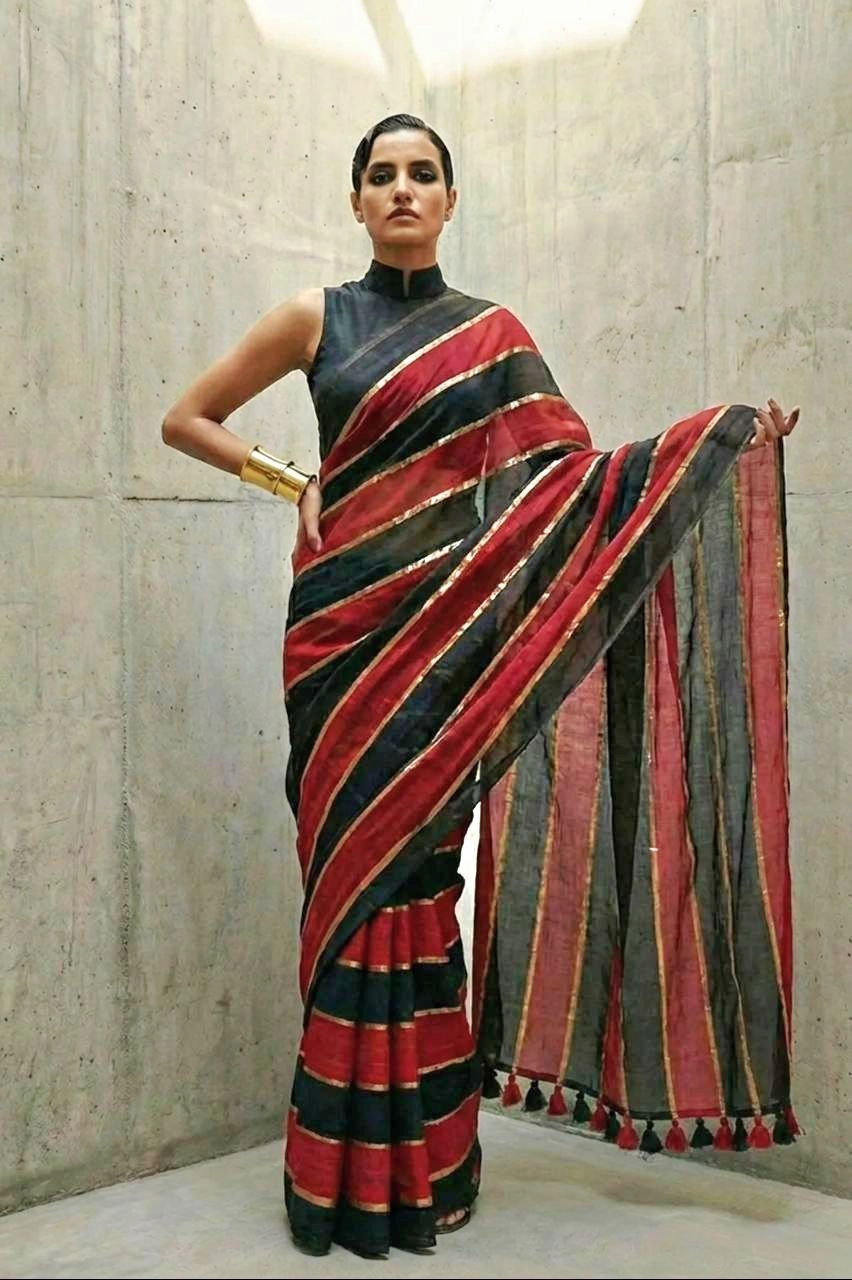 Stiped Maroon & Black Mul Cotton Saree