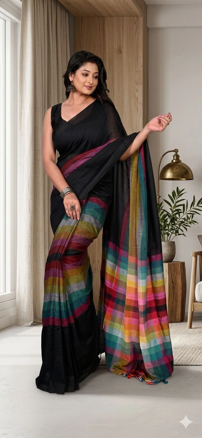 Jet Black Multi-Stripe Mul Cotton Saree