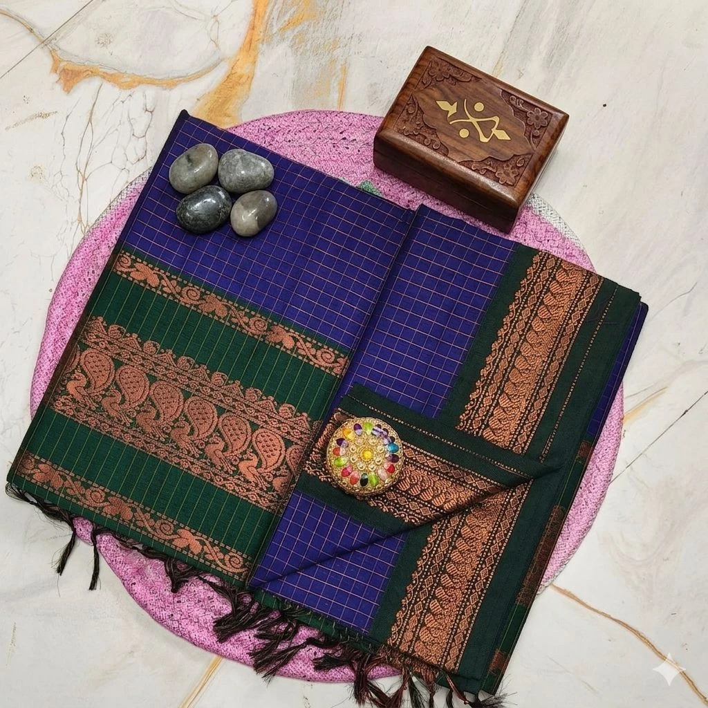Indigo Moss kalyani cotton check saree