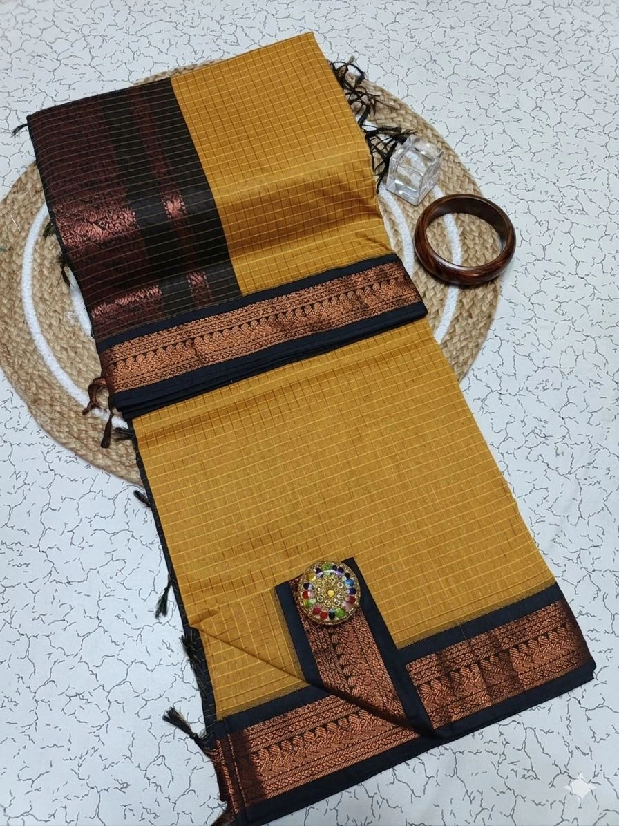 Golden Amber Checks Kalyani Cotton Saree 1