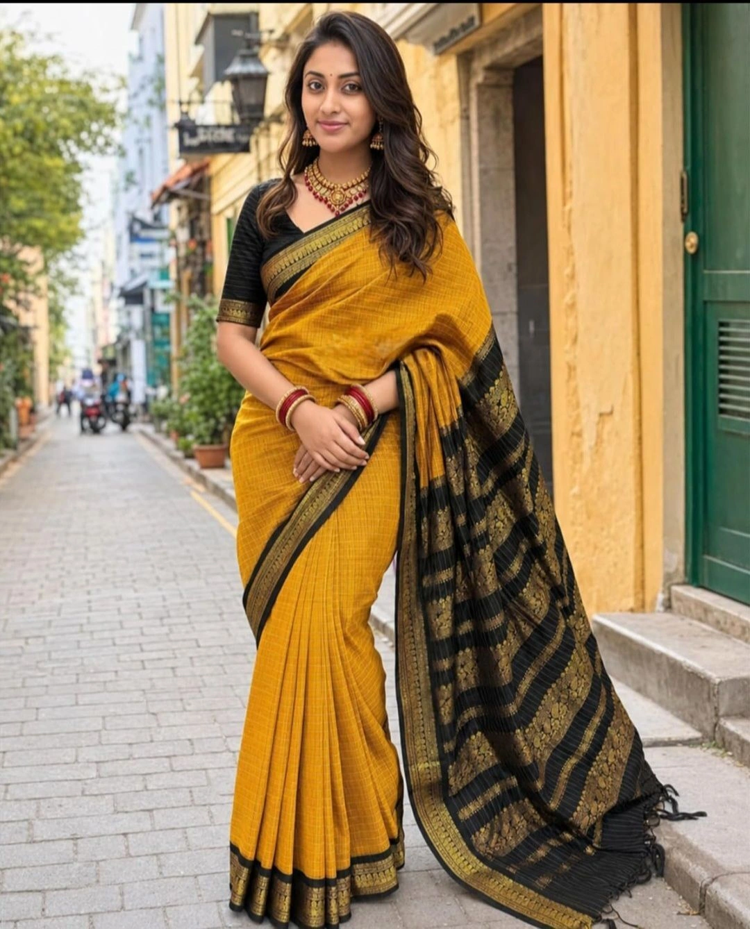 Golden Amber Checks Kalyani Cotton Saree 2