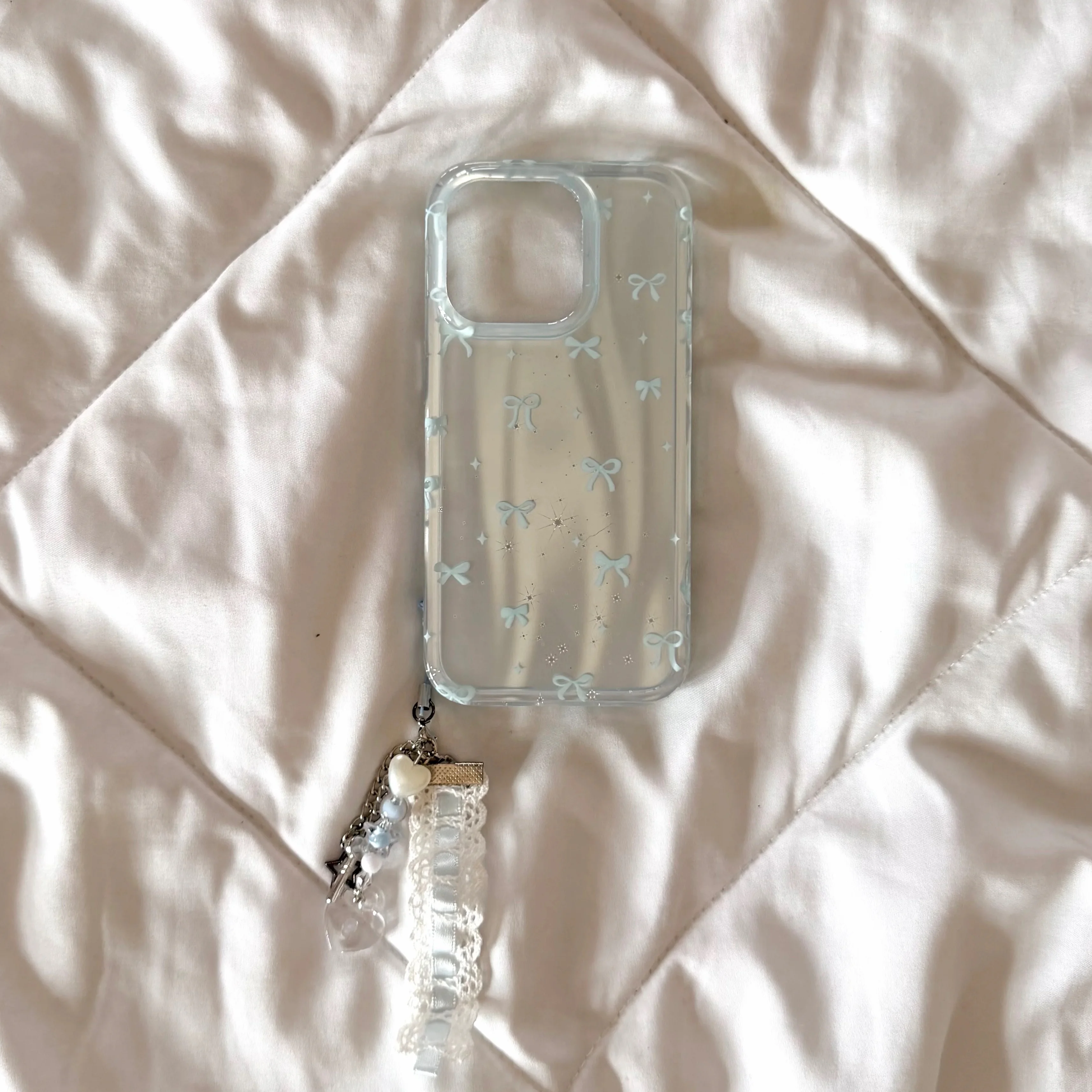 Sky blue bow phone case with lace charm