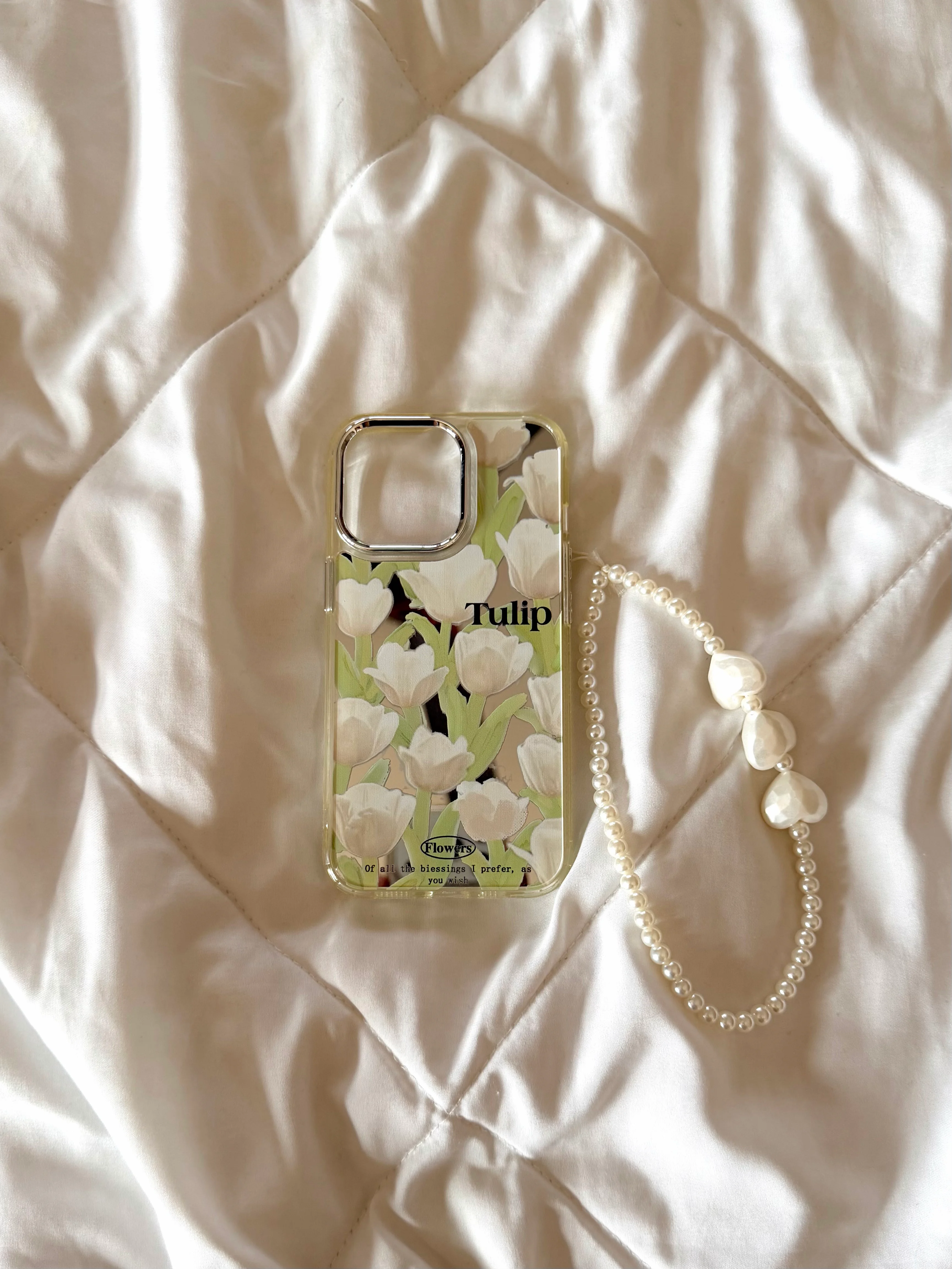 Tulip mirror case with pearl charm