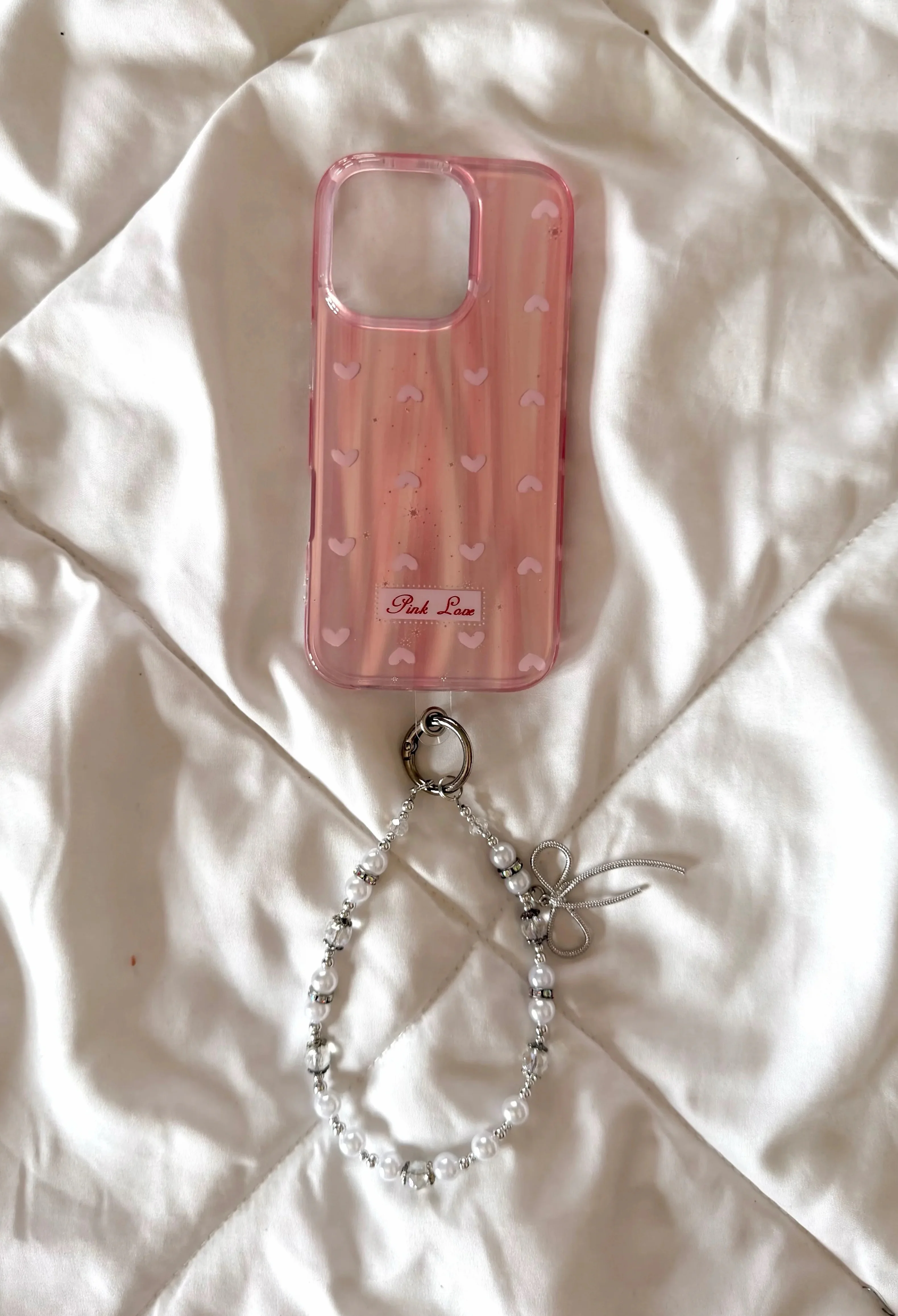 Pink mini heart case with pearl bow charm