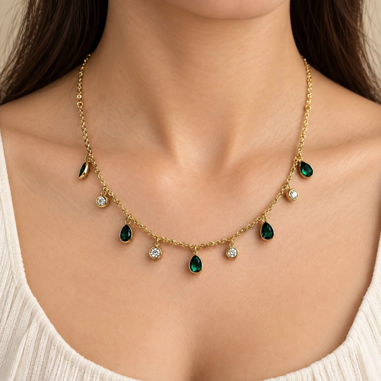 MINIMAL CHAIN NECKLACE WITH GREEN TEARDROP & CLEAR CRYSTAL CHARMS 1