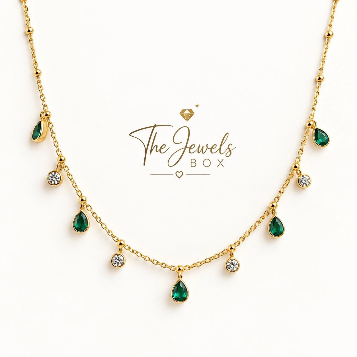 MINIMAL CHAIN NECKLACE WITH GREEN TEARDROP & CLEAR CRYSTAL CHARMS 2