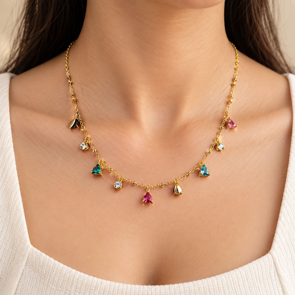 MINIMAL CHAIN NECKLACE WITH MULTI COLOURED TRIANGLE & CLEAR CRYSTAL CHARMS 1