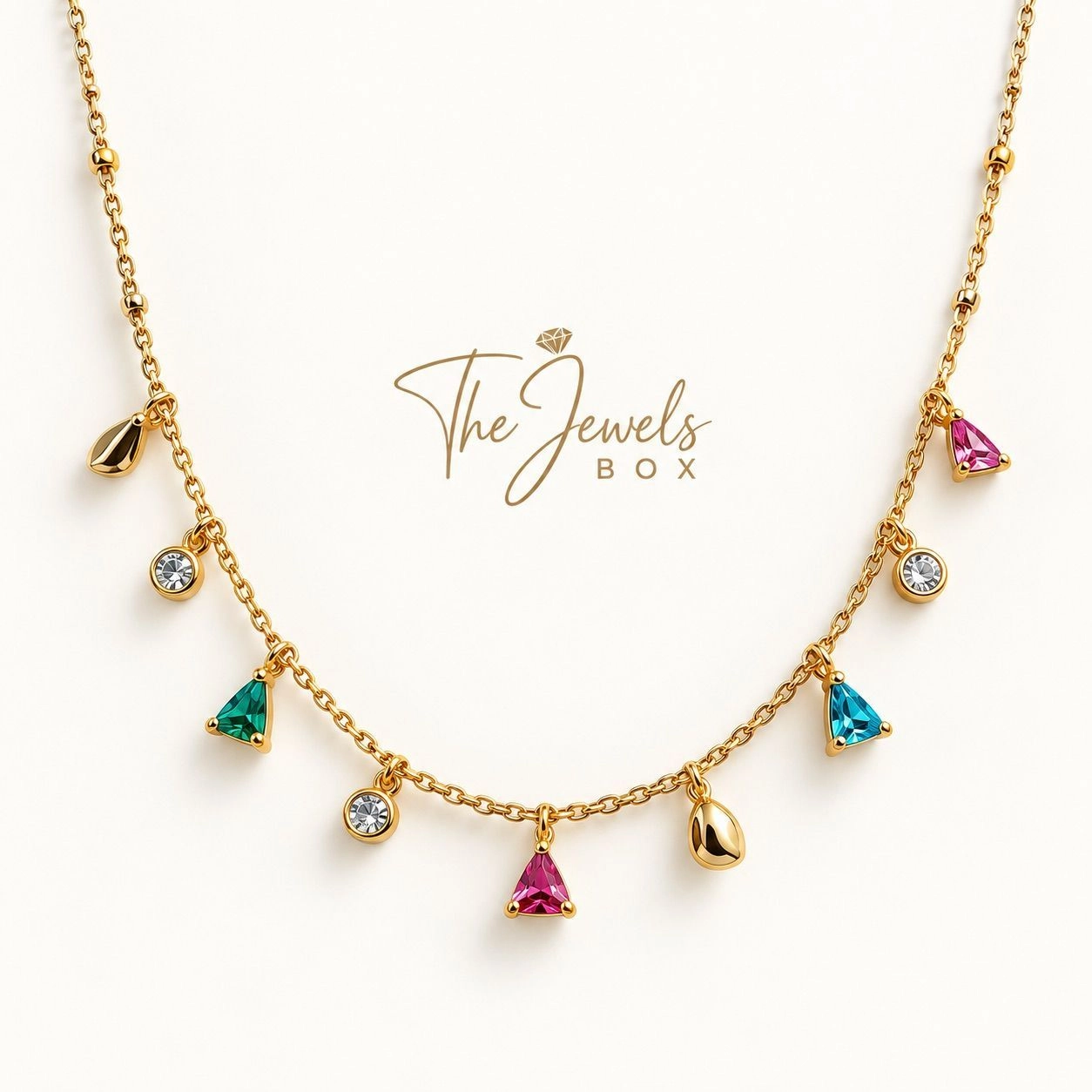 MINIMAL CHAIN NECKLACE WITH MULTI COLOURED TRIANGLE & CLEAR CRYSTAL CHARMS 2