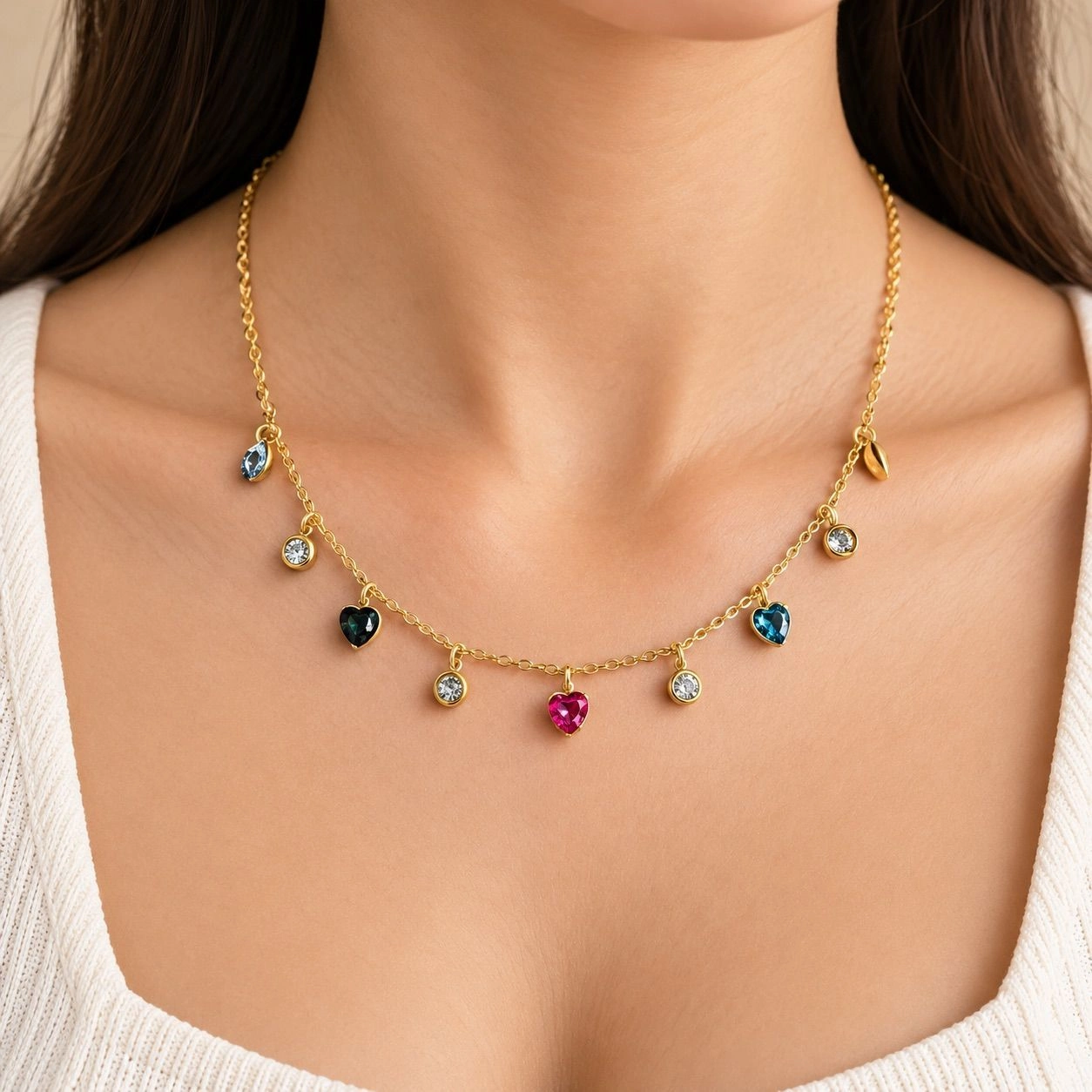 MULTI COLOUR HEART AND CRYSTAL CHARMS NECKLACE 1