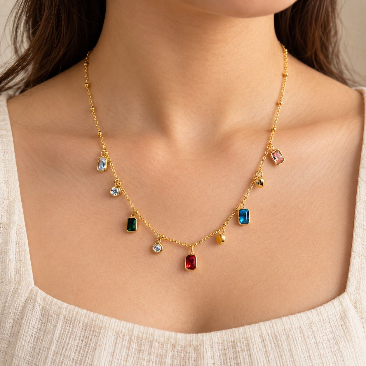 MULTI COLOUR RECTANGLE AND CRYSTAL CHARMS NECKLACE 1