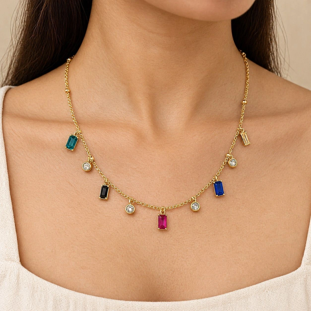 MULTI COLOUR RECTANGLE & CRYSTAL CHARM NECKLACE 1