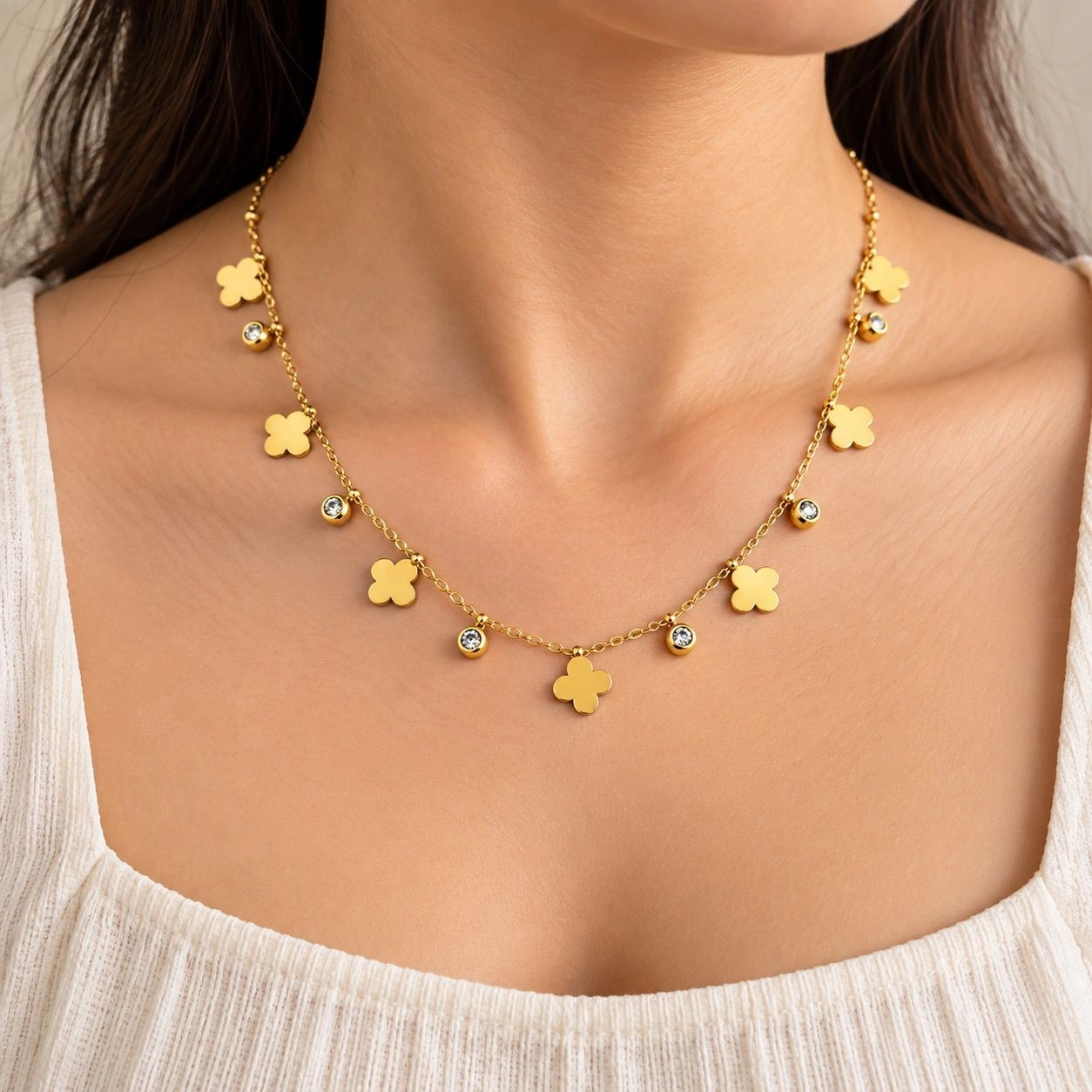 LEAF CLOVER CHARMS AND SPARKLING STONE DROP NECKLACE 1