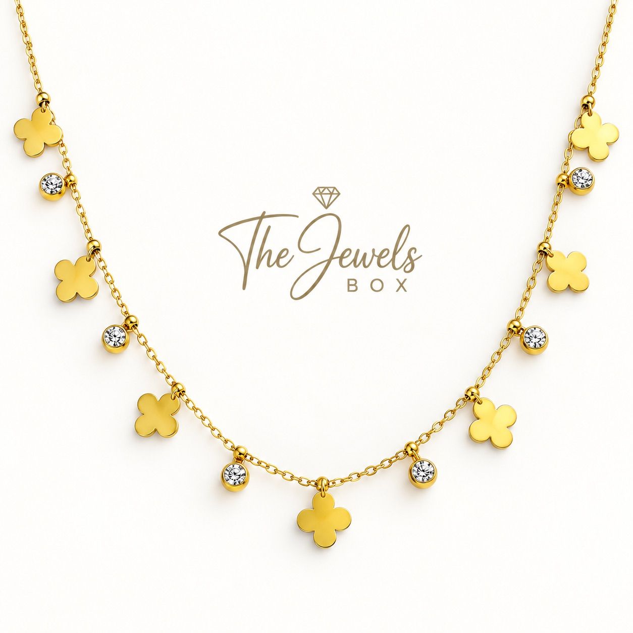 LEAF CLOVER CHARMS AND SPARKLING STONE DROP NECKLACE 2