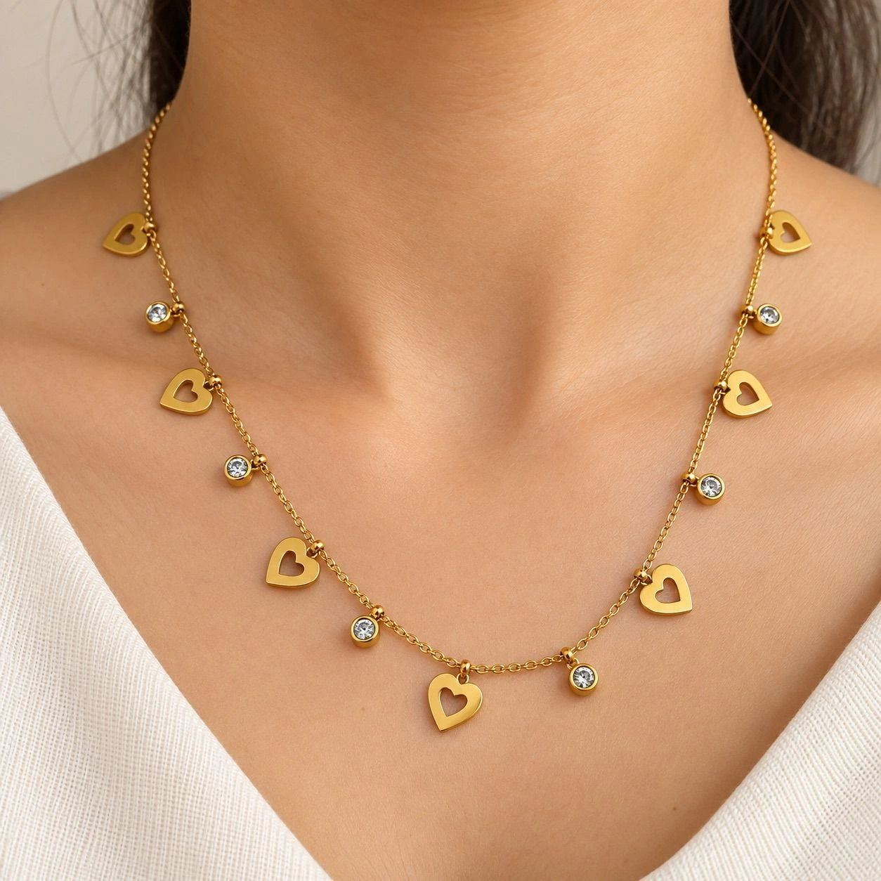 OPEN HEART & SPARKLING STONE DROP NECKLACE 1