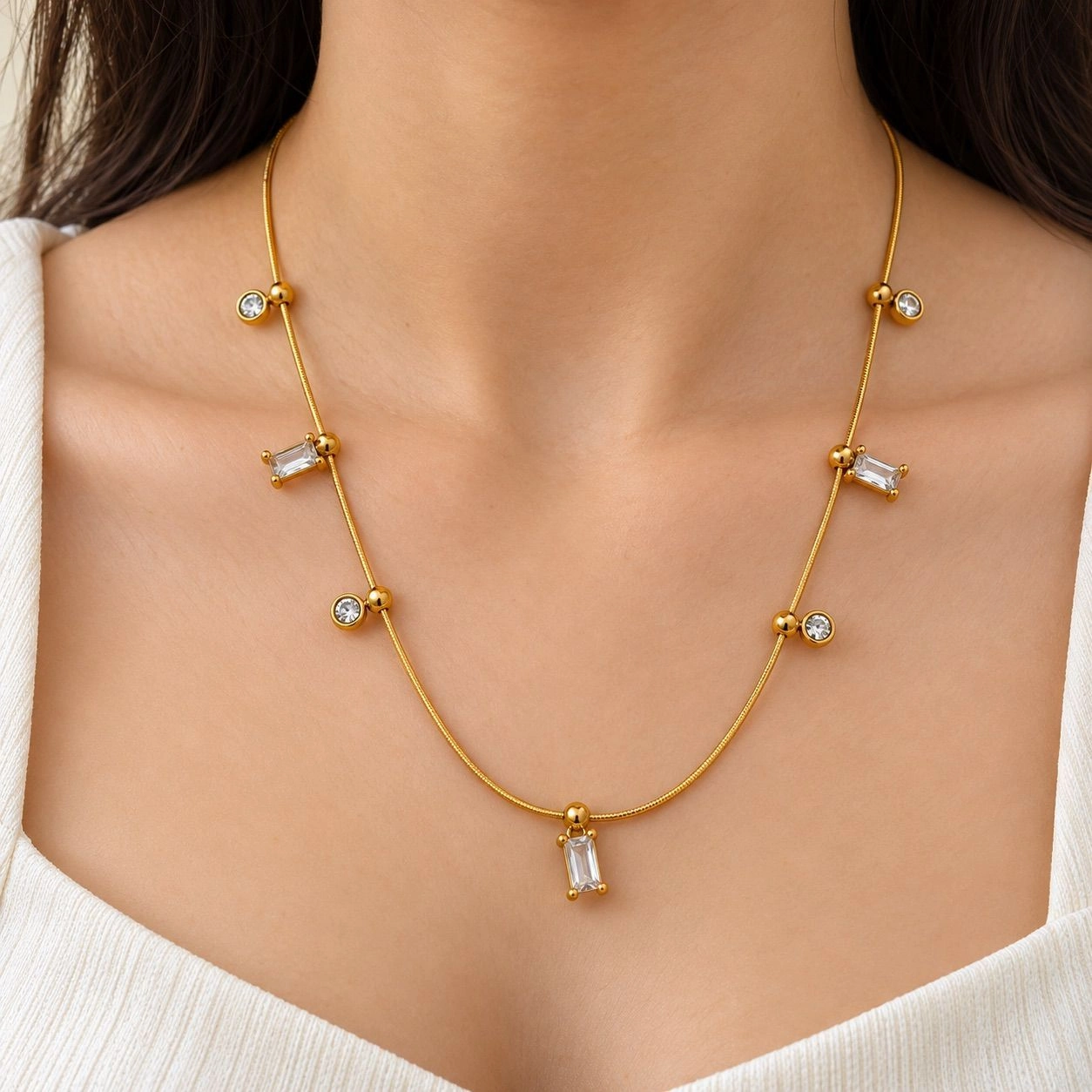 SPARKLING RECTANGLE & STONE DROP NECKLACE 1