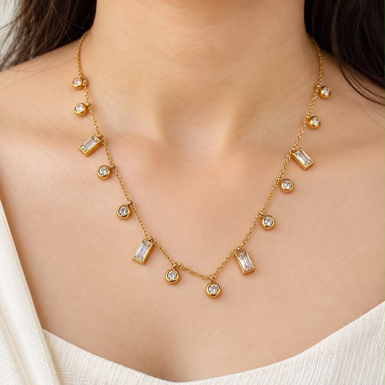 SPARKLING RECTANGLE & STONE CHARM NECKLACE 1